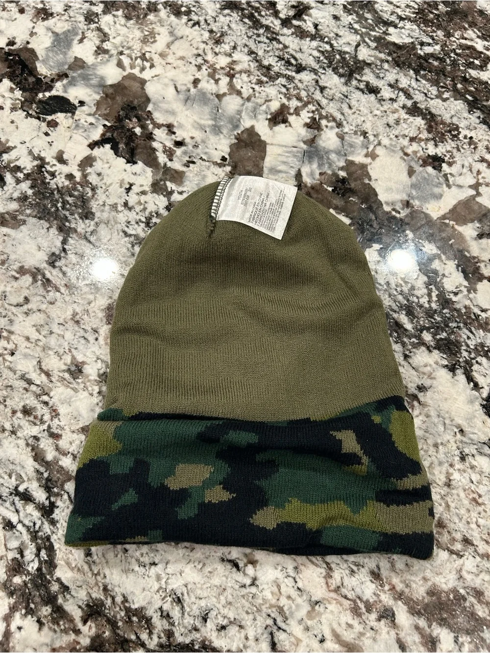 Nike Kids Camo Pom Beanie in Green, Black with Orange Logo